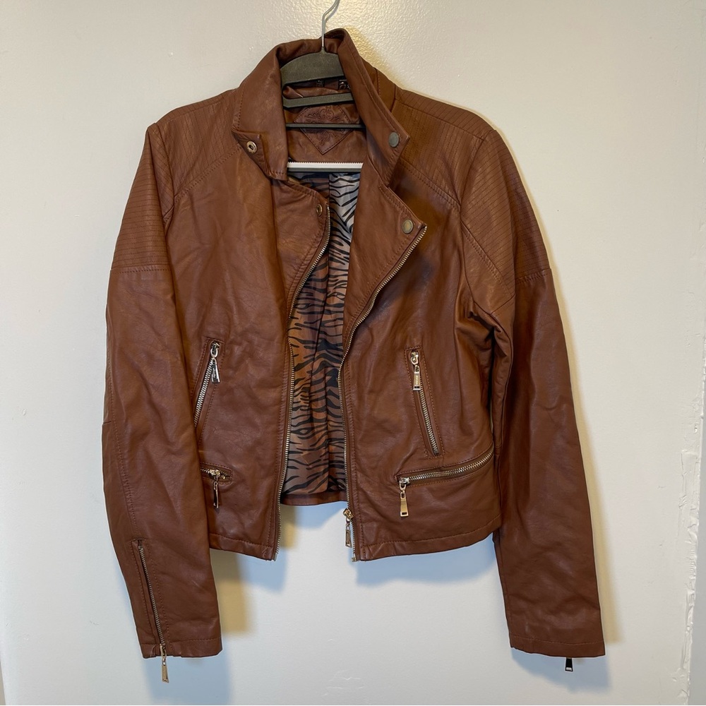 Jou jou Brown faux Leather Moto Jacket women’s size medium